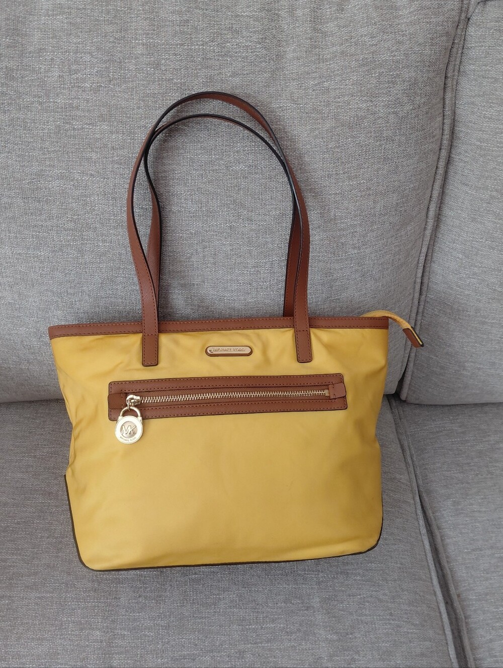 Michael Kors Kempton Mustard Yellow Nylon Tote with Brown Leather Trim